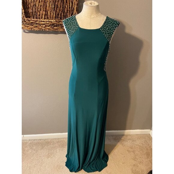 Jackie Jon Dress Emerald Green Silver 8 Stud Stretch Maxi Formal Party Event - Picture 3 of 11